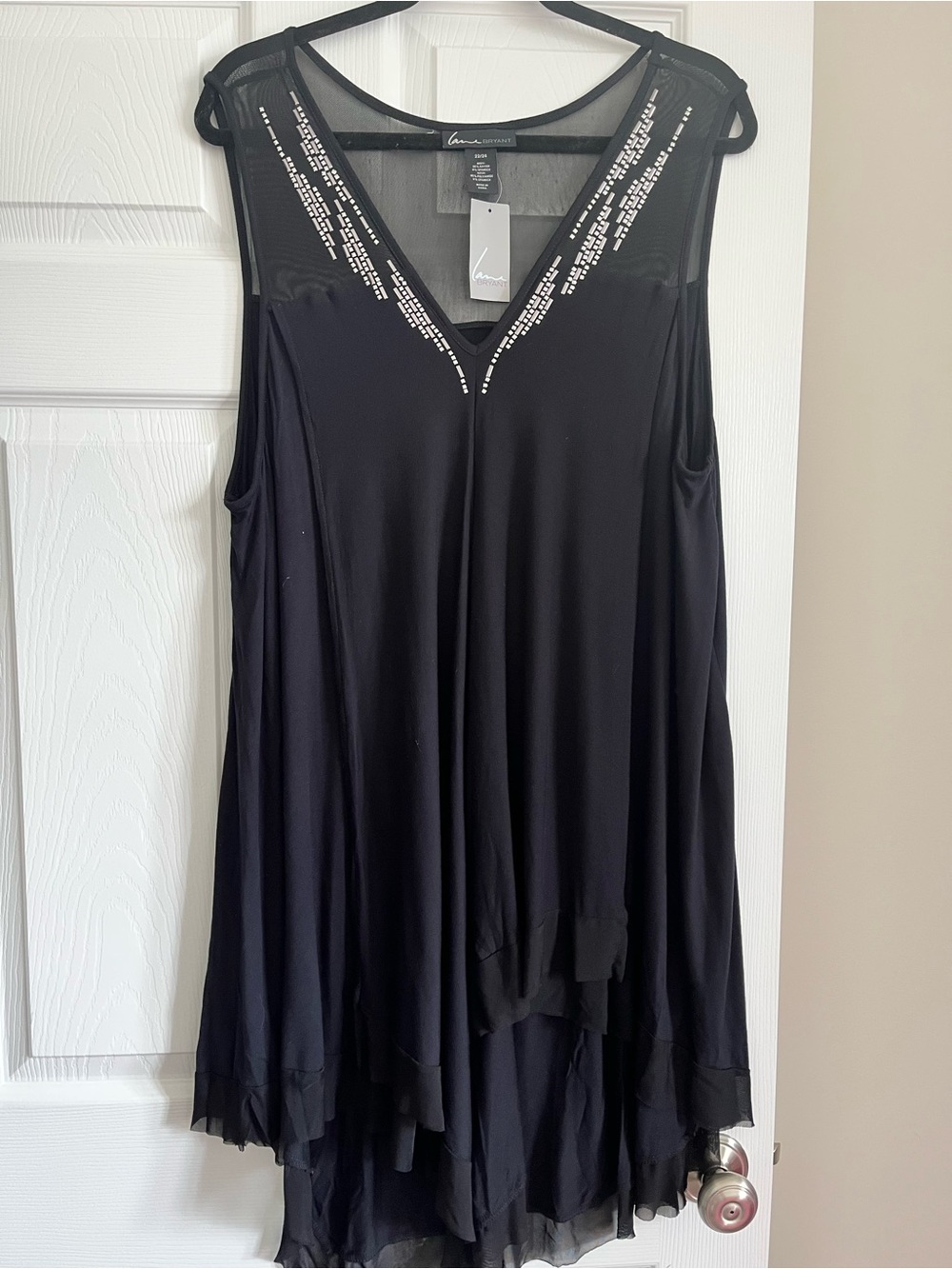 Lane Bryant Black Mesh-Inset V-Neck Swing Tank with Sequin Trim